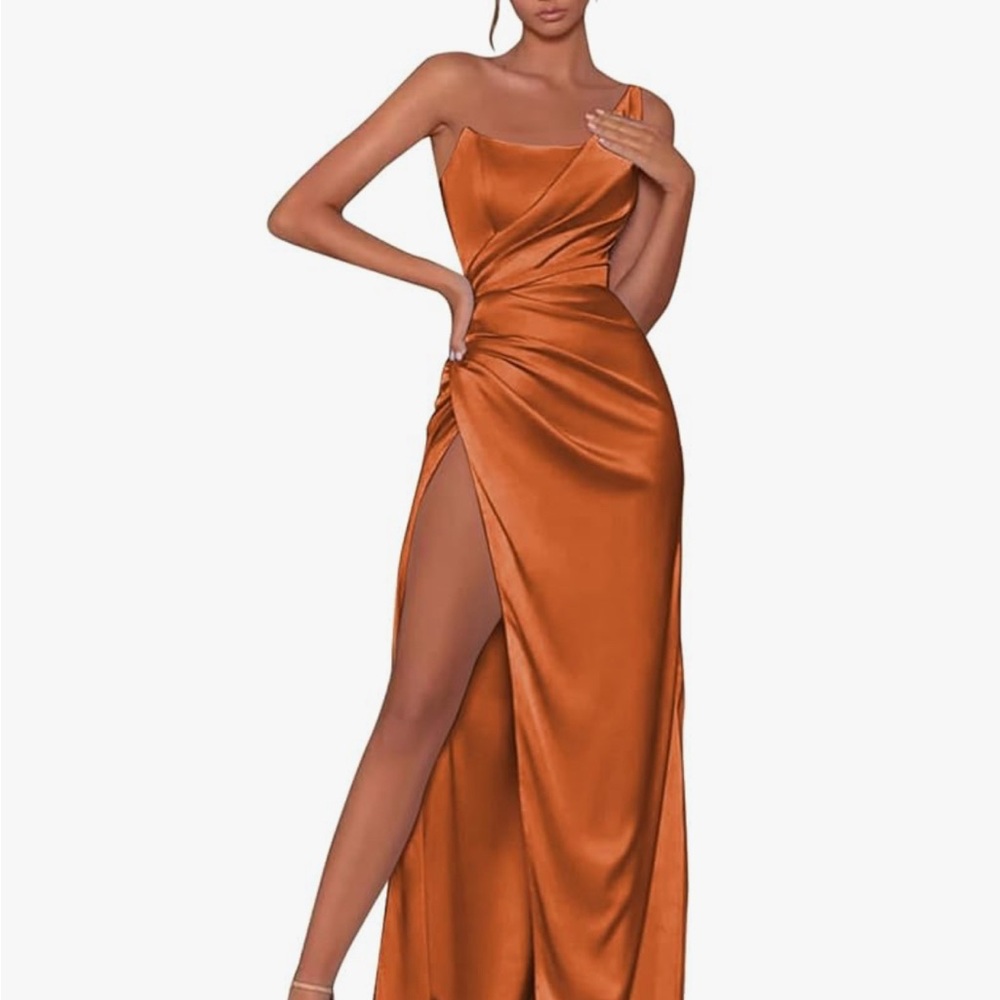 New!!! Orange Asymmetrical Ruched Strapless Gown